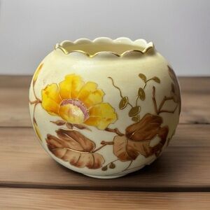 Carlsbad Floral Porcelain Rose Bowl Vase Browns Yellows Gold Accents Ruffle Rim